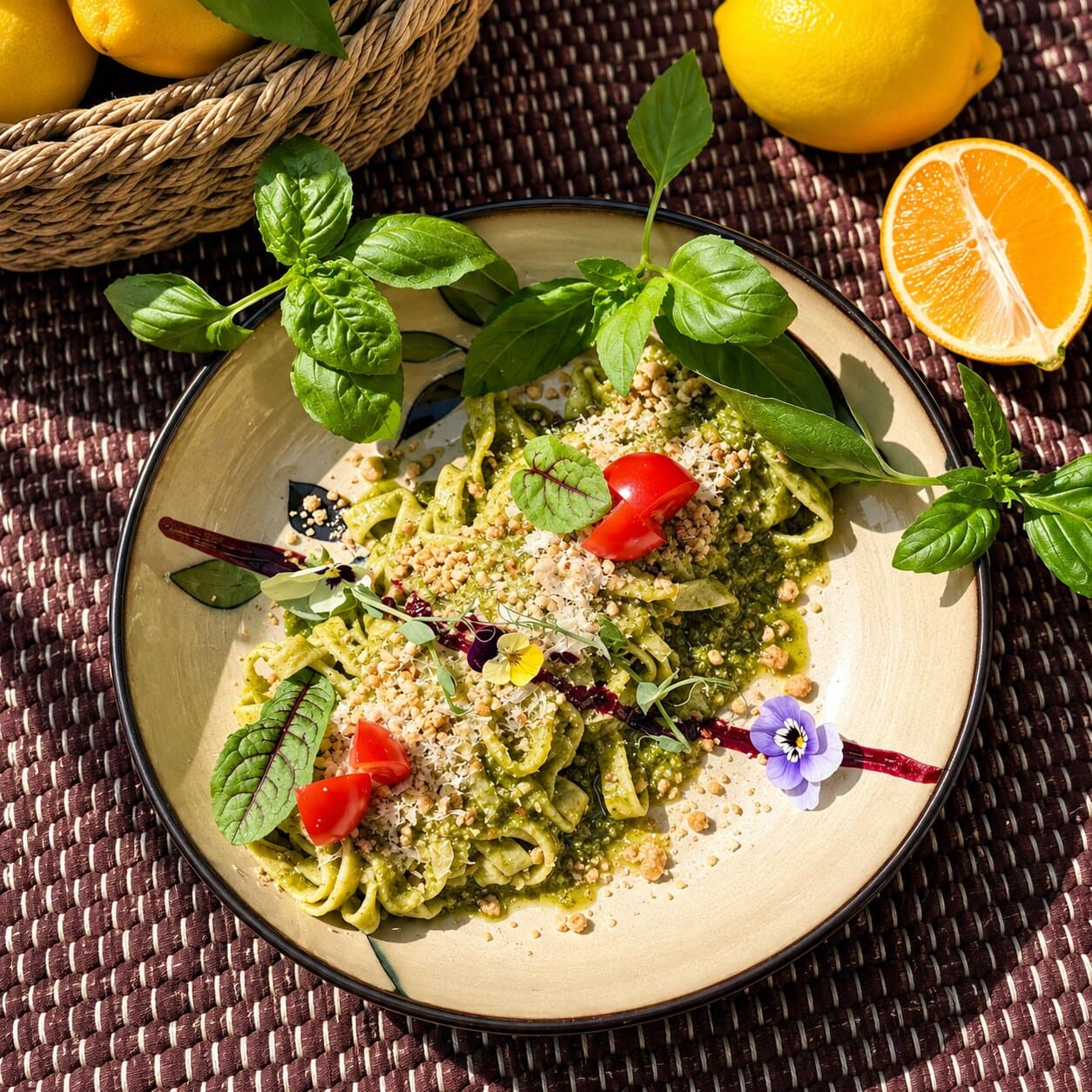 Pasta Fettuccine with Pesto Sauce and Walnuts