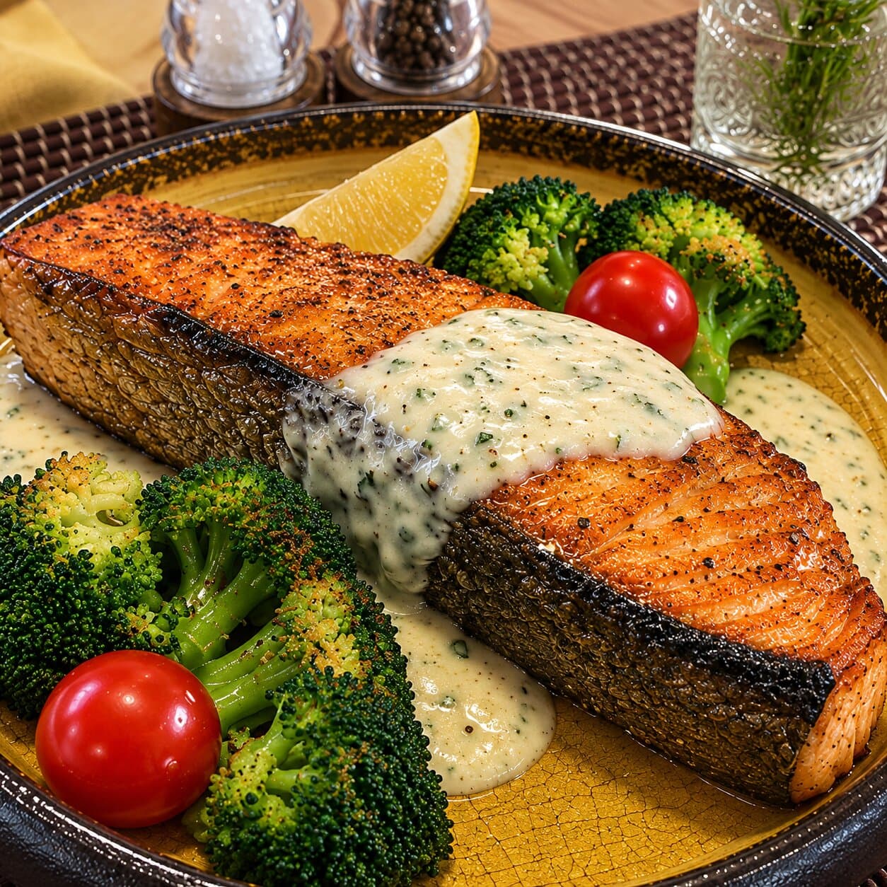 Salmon with broccoli in a white sauce