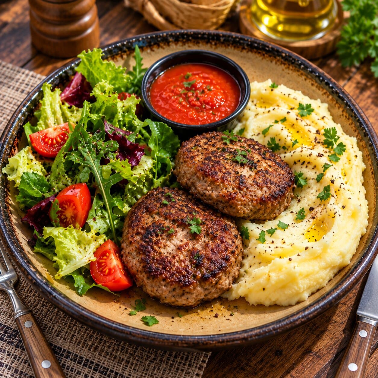 Lunch №1: 2 beef patties, mixed salad, Napoli sauce, mashed potatoes.