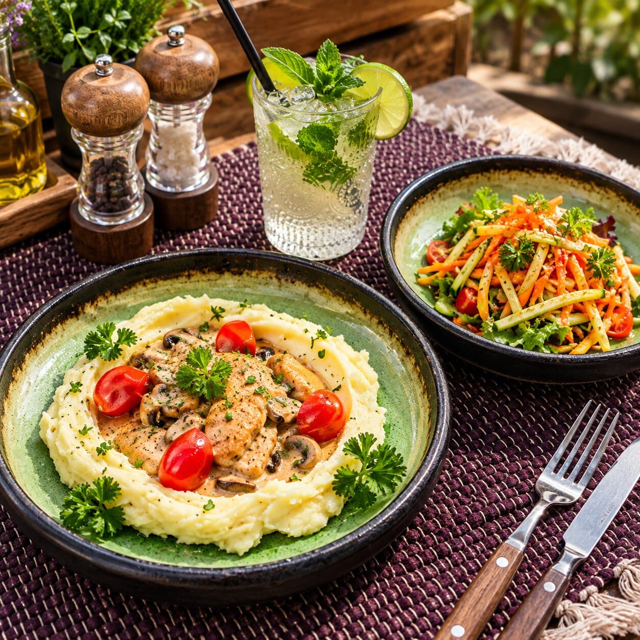 Ланч №2: Куриное филе в сливочном соусе, микс салата, мохито.