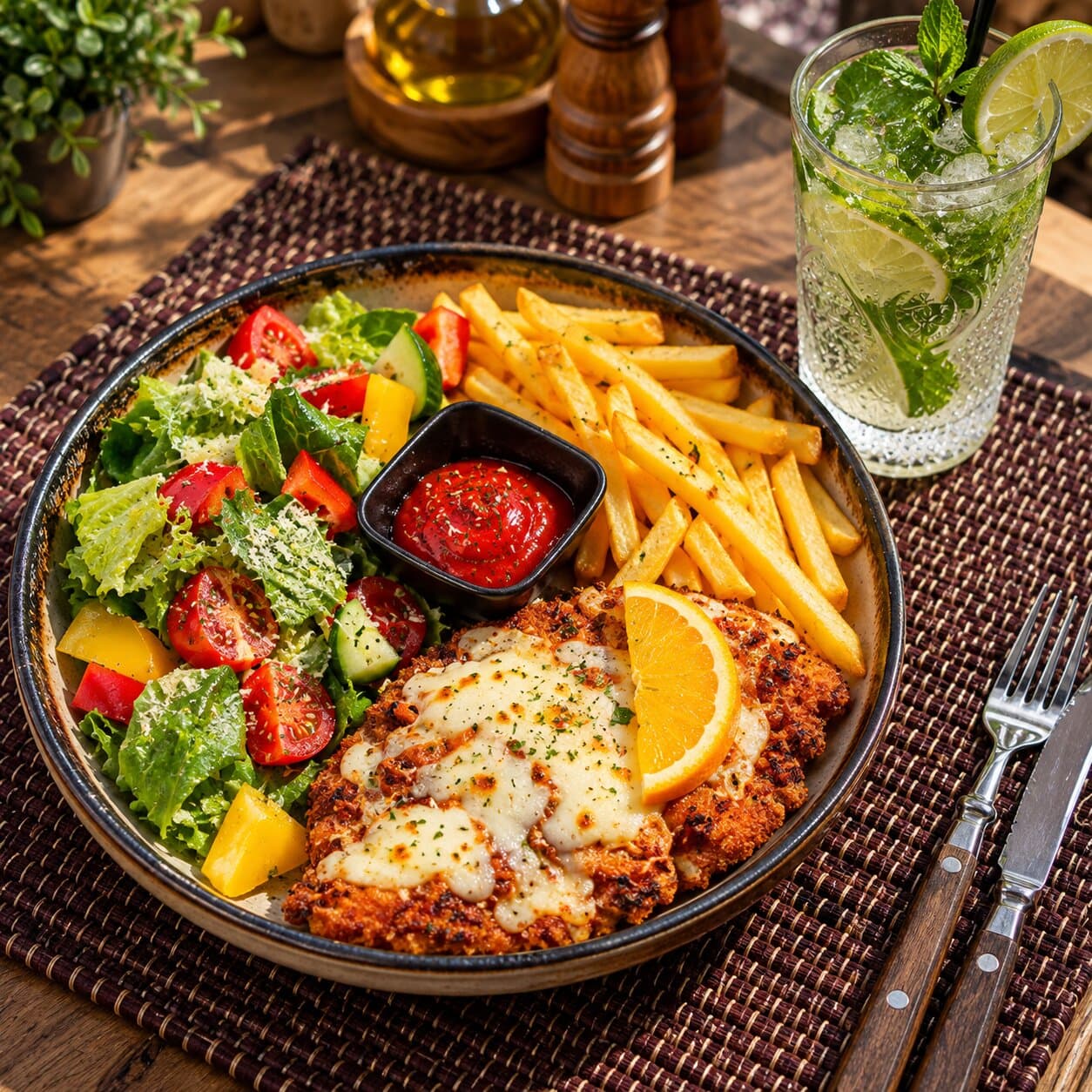Lunch №4: Chicken Milanese, French fries, salad, mojito.