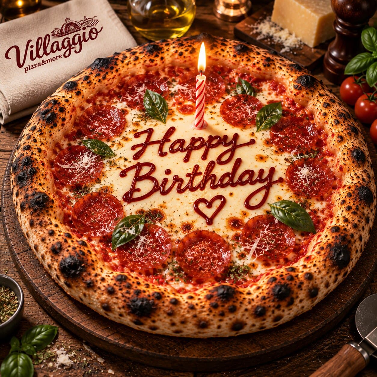 “Happy Birthday” Pizza with a Candle